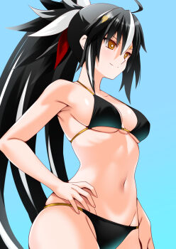 1girl ahoge bikini black_bikini black_hair blue_sky breasts closed_mouth commission engo_(aquawatery) fate/grand_order fate_(series) hand_on_own_hip high_ponytail long_hair medium_breasts multicolored_hair nagao_kagetora_(fate) navel pixiv_commission ponytail sky solo stomach streaked_hair swimsuit uesugi_kenshin_(third_ascension)_(fate) very_long_hair yellow_eyes