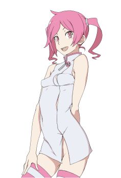 1girl arm_behind_back ayu_(ddestiny944) breasts coat covered_navel cropped_legs curvy digimon digimon_world_re:digitize hair_tie highres long_hair looking_at_viewer medium_breasts multicolored_thighhighs open_mouth pink_thighhighs rindou_akiho sleeveless sleeveless_coat smile solo standing striped_clothes striped_thighhighs teeth thighhighs tongue transparent_background twintails upper_teeth_only white_coat white_thighhighs wide_hips