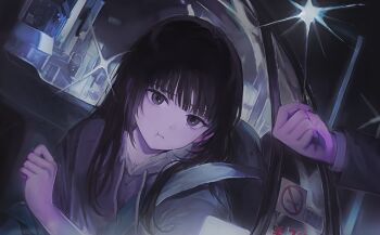 Rule 34 | 1girl, 1other, :t, black hair, car, closed mouth, commentary request, drawstring, from outside, funabashi (iwzry), glint, grey eyes, grey hoodie, highres, hood, hood down, hoodie, knocking, lamppost, long hair, long sleeves, motor vehicle, night, no smoking, original, pout, seatbelt, upper body