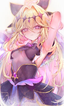 Rule 34 | 1girl, absurdres, ahoge, armpits, black bow, black bowtie, black dress, blonde hair, bow, bowtie, breasts, cure arcana shadow, dress, hair intakes, highres, long hair, looking at viewer, meitantei precure!, moria luluka, precure, presenting armpit, purple eyes, sleeveless, sleeveless dress, small breasts, solo, sweat, underboob, upper body, yinber