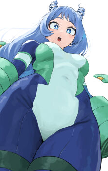 1girl absurdres blue_bodysuit blue_eyes blue_hair blush bodysuit boku_no_hero_academia breasts drill_hair fengling_(furin-jp) gloves green_bodysuit hado_nejire hair_horns highres large_breasts long_hair looking_at_viewer looking_down multicolored_bodysuit open_mouth simple_background skin_tight solo superhero_costume teeth twin_drills upper_teeth_only very_long_hair white_background
