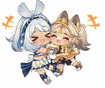 Rule 34 | > <, +++, 2girls, :3, ^ ^, animal ears, black skirt, blue hair, blue hairband, blue skirt, body markings, brown hair, cheek-to-cheek, chibi, chibi only, closed eyes, commentary request, fingerless gloves, full body, genshin impact, gloves, hairband, heads together, highres, hug, i my more, kachina (genshin impact), midriff, mualani (genshin impact), multiple girls, open mouth, sandals, shoes, shorts, simple background, skirt, smile, visor cap, white background