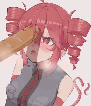1girl ahoge baguette black_shirt black_sleeves blush bread breast_pocket breasts buttons drill_hair drooling food hair_between_eyes heart heart-shaped_pupils highres kasane_teto large_breasts open_mouth pocket red_eyes red_hair red_trim sexually_suggestive shirt sidelocks solo symbol-shaped_pupils twin_drills upper_body utau wing_collar yaki_iskute