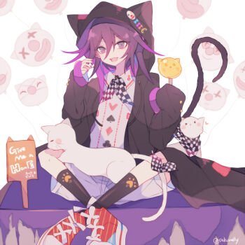1boy alternate_costume animal animal_ears animal_on_lap balloon black_coat black_neckerchief black_socks buttons candy cat cat_boy cat_ears cat_on_lap cat_tail checkered_neckerchief club_(shape) coat collared_jacket commentary_request crossed_ankles danganronpa_(series) danganronpa_v3:_killing_harmony diamond_button ear_covers english_text food for_adoption full_body grey_jacket hair_between_eyes happy heart heart_button holding holding_candy holding_food holding_lollipop hood hood_up hooded_coat jacket kemonomimi_mode kneehighs lollipop long_hair_between_eyes medium_hair multicolored_buttons nail_polish neckerchief oma_kokichi on_lap open_clothes open_coat oversized_clothes paw_print paw_print_pattern pocket print_socks purple_hair purple_nails red_shoes sakura_(fein5862817) shoes shorts sign sitting sneakers socks solo spade_(shape) striped_clothes striped_footwear tail twitter_username two-sided_coat two-sided_fabric two-tone_neckerchief unmoving_pattern white_background white_neckerchief white_shorts