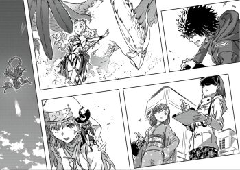 1boy 6+girls alice_anotherbible animal bare_shoulders barefoot belt bird black_belt black_cape black_choker boots breasts building cape choker clenched_teeth demon_girl demon_wings dress eyepatch fantasy feathers floating floral_print flower gradient_tail greyscale haimura_kiyotaka hair_flower hair_ornament hairpin hand_up hat head-mounted_display highres holding hood index_(toaru_majutsu_no_index) jacket japanese_clothes kamijou_touma kimono knee_boots long_hair misaka_imouto misaka_mikoto monochrome multiple_belts multiple_girls novel_illustration nun obi official_art open_mouth othinus qliphah_puzzle_545 revealing_clothes ribbon robe safety_pin sash school_uniform science_fiction short_hair skirt small_breasts teeth the_other_alice toaru_majutsu_no_index toaru_majutsu_no_index:_genesis_testament tokiwadai_school_uniform too_many too_many_belts underboob wings