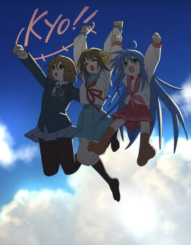 3girls absurdres black_pantyhose black_socks blue_hair blue_sky brown_eyes brown_hair brown_socks cloud green_eyes happy highres hirasawa_yui izumi_konata jumping k-on! kirara_jump kita_high_school_uniform long_hair lucky_star mangpum_(taro109210) multiple_girls pantyhose ryouou_school_uniform sakuragaoka_high_school_uniform school_uniform short_hair sky socks suzumiya_haruhi suzumiya_haruhi_no_yuuutsu