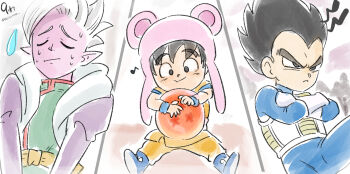 3boys :< :/ animal_ears animal_hat annoyed armor beanie bear_ears black_eyes black_hair blue_bodysuit blue_footwear bodysuit boots cape cheek_press choppy_bangs closed_eyes closed_mouth colored_skin commentary_request crossed_arms degesu dougi dragon_ball dragon_ball_(object) dragon_ball_daima dragonball_z earflap_beanie ekisutora facing_viewer fake_animal_ears frown furrowed_brow gloves green_tunic happy hat hat_with_ears head_rest high_collar highres hugging_object juliet_sleeves leg_up long_sleeves looking_ahead looking_at_object looking_down male_focus mohawk multiple_boys nervous obi pastel_colors pink_hat pink_skin pointy_ears puffy_sleeves saiyan_armor sash simple_background sitting smile son_goku spiked_hair split_screen spread_legs squiggle sweatdrop tareme tunic twitter_username upper_body v_arms vegeta white_cape white_gloves white_hair widow's_peak wristband yellow_sash