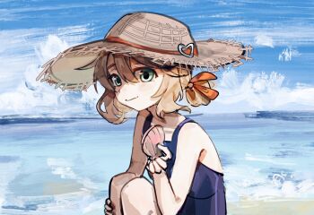 Rule 34 | 1girl, ame0, blue eyes, blue one-piece swimsuit, brown hair, from side, hair between eyes, hair ribbon, hair rings, hashtag-only commentary, hat, highres, looking at viewer, medium hair, neuro-sama, one-piece swimsuit, outdoors, red ribbon, ribbon, solo, straw hat, swimsuit, vedal ai, virtual youtuber