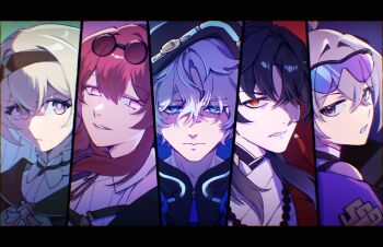 Rule 34 | 2boys, 4girls, absurdres, bandages, beads, black border, blade (honkai: star rail), blue hair, border, bright pupils, collar, commentary, double-parted bangs, elio (honkai: star rail), english commentary, expressionless, eyewear on head, firefly (honkai: star rail), glasses, grey eyes, grey hair, hair between eyes, headband, highres, honkai: star rail, honkai (series), hood, kafka (honkai: star rail), lapel pin, light smile, long hair, mortenax blade (honkai: star rail), multicolored eyes, multiple boys, multiple girls, neon trim, pince-nez, purple hair, red eyes, silver wolf (honkai: star rail), silver wolf (lv.999) (honkai: star rail), stellaron hunters (honkai: star rail), symbol-shaped pupils, tassel, v-shaped eyebrows, zongzhii