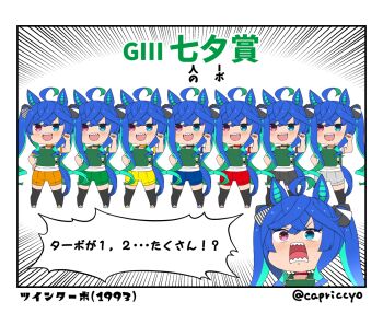 Rule 34 | 1girl, :d, animal ears, black border, black shorts, blue eyes, blue hair, blue shorts, blush, border, capriccyo, commentary request, emphasis lines, green shorts, grey shorts, hand up, heterochromia, horse ears, horse girl, horse tail, long hair, open mouth, orange shorts, original race uniform (umamusume), pointing, pointing at self, puffy short sleeves, puffy sleeves, race bib, red eyes, red shorts, sharp teeth, shirt, short sleeves, shorts, smile, tail, teeth, translation request, twin turbo (umamusume), twintails, twitter username, umamusume, very long hair, white background, white shirt, yellow shorts