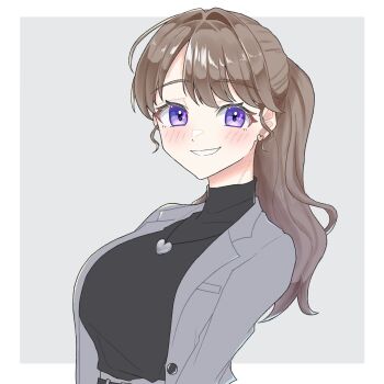 1girl :d black_sweater blush border breast_pocket breasts brown_hair commentary_request earrings fujishima_megumi fujishima_megumi_(post-graduation) ginniro249 grey_background grey_jacket grin hair_intakes heart heart_earrings heart_necklace highres jacket jewelry large_breasts link!_like!_love_live! long_hair looking_at_viewer love_live! necklace open_clothes open_jacket open_mouth outside_border pocket ponytail purple_eyes simple_background smile solo suit_jacket sweater turtleneck turtleneck_sweater upper_body virtual_youtuber white_border