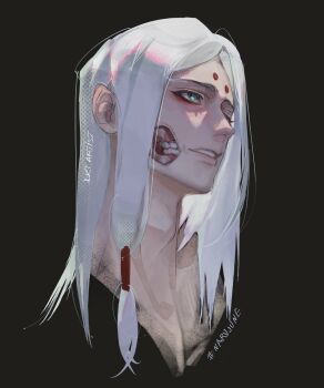 1boy adam&#039;s_apple artist_name artistdkt black_background closed_mouth commentary english_commentary eyeliner green_eyes hashtag highres kaguya_kimimaro lips long_hair makeup male_focus naruto_(series) nose red_eyeliner simple_background solo white_hair