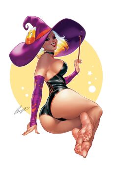 1girl ass barefoot black_choker black_leotard blonde_hair breasts brown_hair choker detached_sleeves elias_chatzoudis grin hat highres holding holding_wand large_breasts leotard looking_at_viewer medium_hair nail_polish orange_nails original parted_lips purple_hat purple_sleeves red_lips signature smile soles solo strapless strapless_leotard toenail_polish toenails wand witch_hat