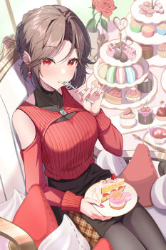Rule 34 | 1girl, :t, absurdres, bare shoulders, black pantyhose, black skirt, blush, bodystocking, breasts, brown hair, cake, cake slice, chair, cherry, cleavage, closed mouth, clothing cutout, commentary request, cookie, covered collarbone, cream, cup, cupcake, curtained hair, dessert, earrings, eating, flower, food, forehead, fork, fruit, hair between eyes, halterneck, hand up, heart, highres, holding, holding fork, holding plate, indoors, jewelry, large breasts, long hair, long sleeves, looking at viewer, macaron, muffin, nail polish, on chair, original, pantyhose, pie, pink nails, plate, red eyes, red flower, red rose, red sweater, ribbed sweater, rose, see-through cleavage, see-through clothes, shoulder cutout, sitting, skirt, sleeves past wrists, solo, spoon, strawberry, strawberry cake, strawberry shortcake, sweater, swept bangs, teacup, thighs, tiered tray, vami, vase, window
