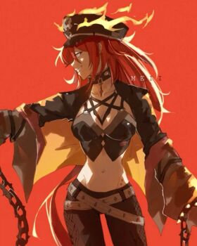 Rule 34 | 1girl, belt, caterina (honkai: star rail), honkai: star rail, honkai (series), midriff, navel, pants, red hair, simple background, smile, tagme