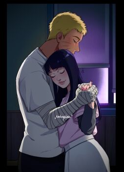 Rule 34 | 1boy, 1girl, bandaged arm, bandages, black hair, blonde hair, blue eyes, blunt bangs, closed eyes, commentary, english commentary, half-closed eyes, hand grab, height difference, hetero, highres, hyuuga hinata, kankuroplease, layered sleeves, long hair, long sleeves, naruto: the last, naruto (series), pink lips, shirt, short over long sleeves, short sleeves, signature, skirt, smile, t-shirt, uzumaki naruto, white skirt, window