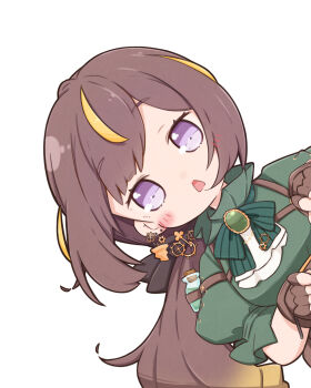 1girl anya_melfissa anya_melfissa_(steampunk) ascot blonde_streaks bow bowtie brooch brown_bow brown_gloves brown_hair chest_harness commentary_request fingerless_gloves frilled_shirt_collar frills gloves gradient_hair green_bow green_bowtie green_shirt hair_bow harness highres hololive hololive_indonesia jewelry lazurite long_hair looking_at_viewer low_ponytail multicolored_hair official_alternate_costume official_alternate_hairstyle open_mouth peeking_out ponytail puffy_short_sleeves puffy_sleeves purple_eyes shirt short_sleeves simple_background solo streaked_hair triangle_mouth two-tone_hair underbust upper_body virtual_youtuber white_ascot white_background