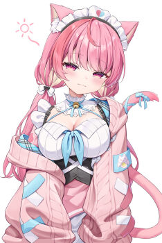 1girl :3 absurdres animal_ear_fluff animal_ears bell black_corset breasts cardigan cat_ears cat_girl cat_tail cleavage cleavage_cutout clothing_cutout collared_dress corset dress hair_ornament hashtag-only_commentary highres indie_virtual_youtuber jingle_bell kag_tsukimi large_breasts long_hair long_sleeves looking_at_viewer low_twintails maid_headdress neck_bell pink_cardigan pink_eyes pink_hair short_sleeves simple_background single_off_shoulder solo tail twintails underbust virtual_youtuber white_background white_dress yuuki_sakuna yuuki_sakuna_(3rd_costume)