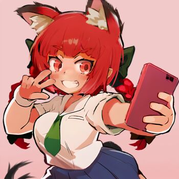 1girl alternate_costume animal_ear_fluff animal_ears blue_skirt blunt_bangs blush braid breasts cat_ears cellphone commentary_request extra_ears foreshortening green_necktie grey_background grin hair_ribbon hand_up holding holding_phone kaenbyou_rin large_breasts long_hair looking_at_phone necktie outstretched_arm phone pleated_skirt pointy_ears red_eyes red_hair revision ribbon school_uniform selfie shirt short_sleeves simple_background skirt smartphone smile solo tail touhou tress_ribbon twin_braids v-shaped_eyebrows very_long_hair w white_shirt wristband yoshiyuki_(14330975)