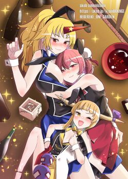 animal_ears black_vest blonde_hair bow bowtie breast_pillow breasts bunny_garden collared_vest commission cosplay double_bun fake_animal_ears gourd hair_bun head_on_chest highres horns hoshiguma_yuugi hostess hugging_another&#039;s_leg ibaraki_kasen ibuki_suika kana_(bunny_garden) kana_(bunny_garden)_(cosplay) large_breasts miuka_(bunny_garden) miuka_(bunny_garden)_(cosplay) nontraditional_playboy_bunny pink_hair rabbit_ears red_skirt rin_(bunny_garden) rin_(bunny_garden)_(cosplay) sei_(kaien_kien) single_horn skeb_commission skirt touhou vest wrist_cuffs yellow_bow yellow_bowtie
