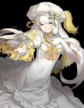 Rule 34 | 1girl, absurdres, animal print, butterfly hat ornament, butterfly print, dress, etrian odyssey, gloves, gutrune, hashtag-only commentary, hat, hat ornament, highres, jewelry, juliet sleeves, long hair, long sleeves, looking at viewer, making-of available, necklace, pearl necklace, princess, puffy sleeves, red eyes, remase2642, sekaiju no meikyuu, sekaiju no meikyuu 3, smile, solo, very long hair, white dress, white gloves, white hat, wide sleeves