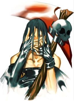 1other asymmetrical_gloves black_bridal_gauntlets black_choker black_gloves black_hair black_shirt bridal_gauntlets choker collarbone commentary_request covering_face crop_top cropped_torso fingerless_gloves gloves guilty_gear hand_on_own_face hands_up highres holding holding_scythe long_hair looking_at_viewer other_focus red_eyes scythe shirt simple_background skull solo storyteller777 straight-on testament_(guilty_gear) white_background