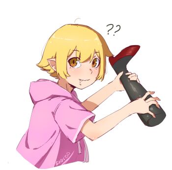 1girl ? ?? artist_name blonde_hair blood blood_from_mouth closed_mouth commentary cropped_torso detached_leg english_commentary fang from_side hair_between_eyes high_heels highres holding_another&#039;s_leg hood hood_down hoodie imminent_eating kiss-shot_acerola-orion_heart-under-blade kiss-shot_acerola-orion_heart-under-blade_(small) kizumonogatari light_smile looking_at_viewer looking_to_the_side loose_hair_strand monogatari_(series) oshino_shinobu pink_hoodie pointy_ears red_shoes sadist_potatoe shoes short_hair short_sleeves signature sketch smile solo yellow_eyes