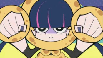 10s 1girl :< animated animated_gif anime_screenshot barefoot blue_hair dancing diamond_mouth donut food long_hair looking_at_viewer lowres monkey multicolored_hair panty_&amp;_stocking_with_garterbelt stocking_(psg) twintails