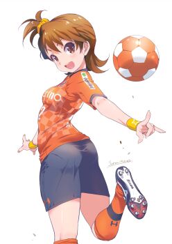 1girl :d artist_name ass ball black_shoes black_shorts black_trim breasts brown_eyes brown_hair checkered_clothes checkered_shirt cleats clothes_writing foot_out_of_frame from_behind futami_ami hair_between_eyes highres idolmaster idolmaster_(classic) inoue_sora jersey kicking kneehighs looking_at_viewer looking_back m/ open_mouth orange_shirt orange_socks outstretched_arms pantylines playing_sports reaching reaching_towards_viewer red_trim scrunchie shards shirt shoes short_side_ponytail short_sleeves shorts side_ponytail signature small_breasts smile soccer soccer_ball soccer_uniform socks solo sportswear standing standing_on_one_leg teeth twisted_torso under_armour upper_teeth_only white_trim yellow_scrunchie