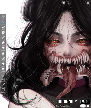 1girl aegyo_sal art_program_in_frame bifurcated_jaw black_hair body_horror commentary english_commentary extra_teeth forked_tongue highres long_hair looking_at_viewer open_mouth orange_eyes original portrait sacrilaig screencap shirt sleeveless sleeveless_shirt slit_pupils tongue tongue_out very_long_hair