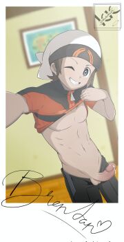autograph blue_eyes brendan_(pokemon) brown_hair clothes_lift clothes_pull curved_penis erection hat highres indoors kubikun male_focus muscular muscular_male navel nintendo nipples one_eye_closed pants pants_pull penis pokemon pokemon_oras precum selfie shirt_lift shota smile testicles veins yaoi