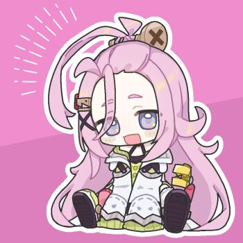 1girl :d ahoge aino_(genshin_impact) bangs_pinned_back black_dress blush blush_stickers coat commentary_request dress genshin_impact green_dress green_slippers hair_ornament hairclip halter_dress halterneck huge_ahoge lab_coat long_hair long_sleeves looking_at_viewer mismatched_socks off_shoulder open_clothes open_coat open_mouth outline pink_background pink_hair pink_socks purple_eyes screw_hair_ornament short_eyebrows sidelocks sitting sleeves_past_fingers sleeves_past_wrists slippers smile socks solo ta93ura very_long_hair white_coat white_outline white_socks x_hair_ornament