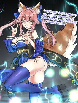 1girl animal_ear_fluff animal_ears ass bare_shoulders blue_bow blue_kimono blue_thighhighs bow breasts cleavage detached_collar detached_sleeves ebora english_text fate/grand_order fate_(series) fox_ears fox_girl fox_shadow_puppet fox_tail geta hair_between_eyes hair_bow highres japanese_clothes kimono large_breasts long_hair looking_at_viewer obi open_mouth panties pink_hair platform_clogs platform_footwear sash sidelocks smile solo tail tamamo_no_mae_(fate) thighhighs thighs twintails underwear white_panties wide_sleeves yellow_eyes