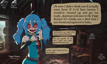 1girl ahoge aqua_hair basedbinkie colored_skin english_text facepaint frills gameplay_mechanics highres jester low_twintails messy_hair mushroom nervous nervous_sweating original pink_skin pippi_panini_(basedbinkie) speech_bubble stats sweat sweatdrop tree_stump tutu twintails visual_novel woody_the_mockstump_(basedbinkie)