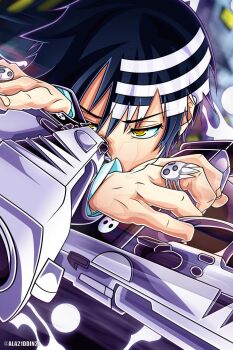 1boy aladdin_(ala21ddin21) black_hair commentary death_the_kid deviantart_logo gun hair_between_eyes highres holding holding_gun holding_weapon jacket jewelry looking_to_the_side male_focus multicolored_hair ring short_hair solo soul_eater twitter_username two-tone_hair weapon white_hair yellow_eyes