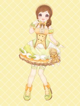 Rule 34 | 1girl, :3, absurdres, beret, bow, bowtie, bread, breasts, brown bow, brown bowtie, brown eyes, brown hair, buttons, cleavage, collar, detached collar, detached sleeves, dokodemonai, dot nose, dress, earrings, fang, food, full body, garter straps, green footwear, green wrist cuffs, hand up, hat, highres, idolmaster, idolmaster cinderella girls, idolmaster cinderella girls starlight stage, jewelry, legwear garter, looking at viewer, medium breasts, melon bread, multicolored dress, ohara michiru, open mouth, orange collar, puffy detached sleeves, puffy short sleeves, puffy sleeves, ringlets, short eyebrows, short sleeves, sidelocks, socks, solo, striped clothes, striped thighhighs, thick eyebrows, thighhighs, vertical-striped clothes, vertical-striped thighhighs, wrist cuffs, yellow background, yellow hat, yellow socks