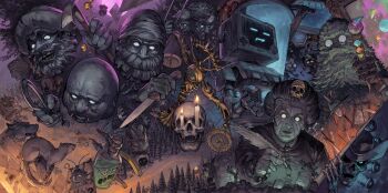 3girls 4others 6+boys absurdres angler_(inscryption) balance_scale bald bear_trap beard blank_eyes book bucket camera candle cannon clover colored_skin dog dredger_(inscryption) dual_persona eyeball facial_hair fish fish_hook floppy_disk forest four-leaf_clover full_moon glasses glowing glowing_eyes golden_tooth goobert_(inscryption) green_skin grimora_(inscryption) hammer hand_saw hat head_mirror highres holding holding_knife holding_paintbrush holding_pickaxe holding_quill hologram inscryption jar knife lonely_wizard_(inscryption) magnificus_(inscryption) moon multiple_boys multiple_girls multiple_others mushroom mycologists_(inscryption) nature nishiki_areku official_art p03_(inscryption) paintbrush pickaxe pike_mage_(inscryption) pliers polearm prospector_(inscryption) quill rebecha_(inscryption) robot royal_dominguez saw scissors shark skull spear squirrel stinkbug stinkbug_(inscryption) stoat_(inscryption) stunted_wolf_(inscryption) sword tombstone tooth trading_card trapper_(inscryption) tree weapon weasel weighing_scale witch_hat woodcarver_(inscryption)