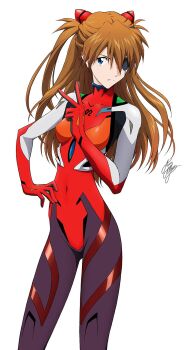 1girl blue_eyes bodysuit breasts brown_hair evangelion:_3.0_you_can_(not)_redo eyepatch hair_over_one_eye hand_on_own_hip highres interface_headset_(evangelion) long_hair marco_albiero mecha_pilot_suit medium_breasts multicolored_bodysuit neon_genesis_evangelion plugsuit_(evangelion) rebuild_of_evangelion signature skin_tight white_background