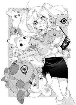 Rule 34 | absurdres, agumon, blush, border, cowboy shot, culumon, digimon, digimon recollection, glasses, greyscale, guilmon, halftone, halftone background, heterochromia, highres, holding, jacket, keramon, kuramon, long hair, looking at viewer, lopmon, meicoomon, monochrome, nozomi riko, ookutsuwa waga, piyomon, round eyewear, simple background, skirt, solo focus, stuffed animal, stuffed toy, terriermon, twintails, ukkomon, white border, wormmon