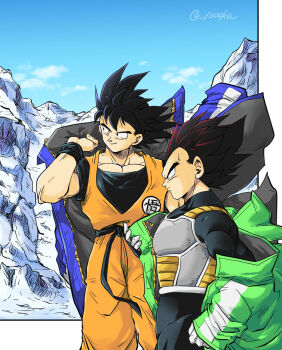 Rule 34 | 2boys, armor, black hair, blue coat, blue sky, coat, commentary request, dougi, dragon ball, dragon ball super, dragon ball super broly, furrowed brow, gloves, green coat, highres, holding, holding coat, holding unworn clothes, male focus, mountain, multiple boys, pectoral cleavage, pectorals, purple hair, senka-san, sky, smile, son goku, twitter username, unworn coat, vegeta, white gloves, winter clothes, winter coat