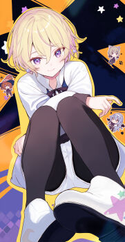 4girls animal_ears black_pantyhose black_ribbon blonde_hair blue_hair blush blush_stickers brown_hair cat_ears chibi chibi_inset closed_mouth cloud commentary_request eyelashes fang hairband halloween hat highres holding holding_own_hair komone_ushio multiple_girls neck_ribbon night night_sky open_mouth orange_hair original outline pantyhose paw_print pumpkin_hat_ornament purple_eyes red_hat ribbon shirt shoes short_hair shorts sitting skin_fang sky smile solo_focus star_(sky) star_(symbol) white_hairband white_outline white_shirt white_shoes white_shorts wings witch_hat yellow_outline