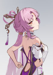 Rule 34 | 1girl, back, backless outfit, bare shoulders, blush, bridal gauntlets, detached sleeves, forehead jewel, from behind, fu xuan (honkai: star rail), gradient background, hair ornament, hairpin, highres, honkai: star rail, honkai (series), long hair, looking at viewer, looking back, low twintails, parted lips, pink hair, pink nails, simple background, single bridal gauntlet, single detached sleeve, sixiangishi, solo, twintails, undressing, very long hair, yellow eyes