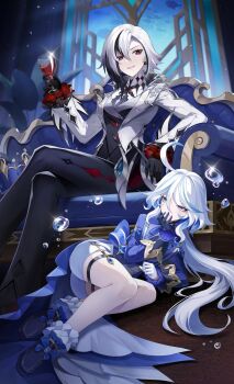 2girls absurdres air_bubble alcohol arlecchino_(genshin_impact) bad_source black_gloves black_hair black_pants blue_eyes bubble closed_mouth coat couch crossed_legs cup drinking_glass drop-shaped_pupils full_body furina_(genshin_impact) genshin_impact gloves hair_between_eyes heterochromia highres holding holding_cup indoors jacket leg_ribbon long_hair long_sleeves looking_at_viewer lying multicolored_hair multiple_girls neccc on_couch on_side pants red_eyes red_pupils ribbon shirt shorts sitting smile socks streaked_hair symbol-shaped_pupils thigh_strap two-tone_hair white_hair white_jacket window wine wine_glass x-shaped_pupils