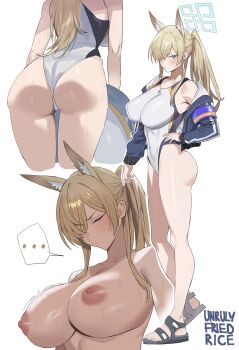 ... 1girl absurdres animal_ear_fluff animal_ears armband artist_name ass blonde_hair blue_archive blue_eyes blue_halo breasts commentary competition_swimsuit dog_ears english_commentary extra_ears hair_over_one_eye halo highleg highleg_one-piece_swimsuit highres kanna_(blue_archive) kanna_(swimsuit)_(blue_archive) large_breasts long_hair multicolored_swimsuit multiple_views nipples off_shoulder official_alternate_costume one-piece_swimsuit ponytail purple_armband sandals simple_background spoken_ellipsis sports_sandals swimsuit unrulyfriedrice white_one-piece_swimsuit