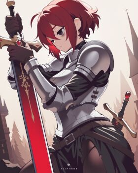 1girl arm_guards armor artist_name bags_under_eyes belt black_eyes bracer brown_gloves closed_mouth commentary crossed_bangs cuirass double-parted_bangs empty_eyes english_commentary flipherrrr from_side gloves hair_between_eyes highres holding holding_sword holding_weapon original planted planted_sword planted_weapon red_hair scabbard sheath short_hair shoulder_armor sidelocks sitting solo sword wariza weapon