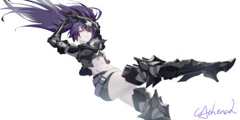 absurdres armor belt belt_collar belt_skirt bikini black_rock_shooter black_shorts collar front-tie_bikini_top front-tie_top gauntlets greaves high_heels highres insane_black_rock_shooter kaka_cathenal long_hair loose_belt purple_eyes purple_hair shorts stitches swimsuit thighs twintails uneven_twintails white_background