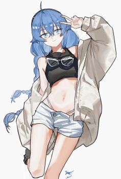 1girl absurdres ahoge bare_legs black_shoes blue_eyes blue_hair blush braid breasts chinese_commentary coat commentary crop_top dated eyewear_around_neck foot_out_of_frame goggles grey_background hair_horns hairband highres looking_at_viewer mushoku_tensei navel petite roxy_migurdia shoes short_shorts shorts signature simple_background single_bare_shoulder single_off_shoulder skindentation small_breasts smile solo stomach straight-on tank_top thigh_gap v v_over_head white_coat white_shorts yisjhui