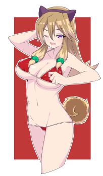 1girl absurdres animal_ears aq_interactive arcana_heart arcana_heart_2 artist_request bikini blush breasts brown_hair examu hair_bobbles hair_ornament hairband highres inuwaka_akane jin_kichi large_breasts long_hair looking_at_viewer micro_bikini navel one_eye_closed open_mouth purple_eyes red_bikini smile swimsuit tail wink