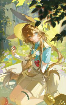 1girl absurdres amiya_(arknights) amiya_(wilderness_moments)_(arknights) animal_ears apple arknights arm_warmers blue_eyes blue_shirt brown_hair brown_shorts camera chinese_commentary closed_mouth collared_shirt commentary_request day field flower flower_field food fruit grass hair_between_eyes hat highres leaf lemonnade long_hair looking_at_viewer neckerchief on_ground outdoors picnic_blanket rabbit_ears rabbit_girl shirt short_sleeves shorts sitting smile solo white_arm_warmers yellow_hat