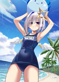 1girl absurdres amane_kanata aqua_wings armpits arms_up bare_shoulders beach blue_hair blue_sky blush breasts collarbone colored_inner_hair commentary_request competition_school_swimsuit feathered_wings gradient_wings grey_hair hair_between_eyes halo highres hololive inokeiwd looking_at_viewer multicolored_hair multicolored_wings navel open_mouth outdoors purple_eyes school_swimsuit sky small_breasts smile swimsuit teeth upao_(amane_kanata) virtual_youtuber water white_wings wings yellow_halo
